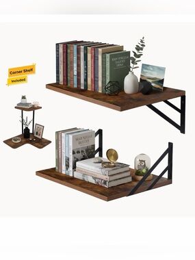 Rustic Brown Floating Wall Shelves Set of 2 with Corner Shelf